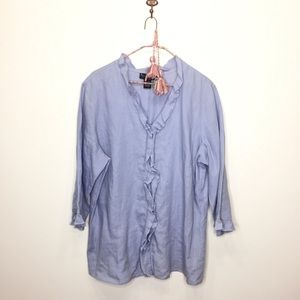 Mercer & Madison 100% Linen Blue Ruffle Front Button Down Blouse V-Neck 14W